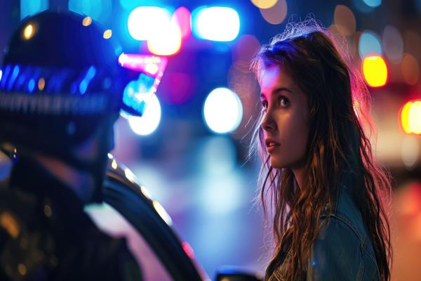 Young woman standing beside a vehicle at night speaking with a police officer, with flashing red and blue lights in the background suggesting a possible DUI or traffic stop investigation.
