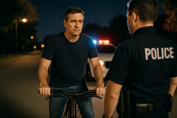 Police officer stopping a man on a bicycle at night with flashing patrol car lights in the background on a quiet Texas street.