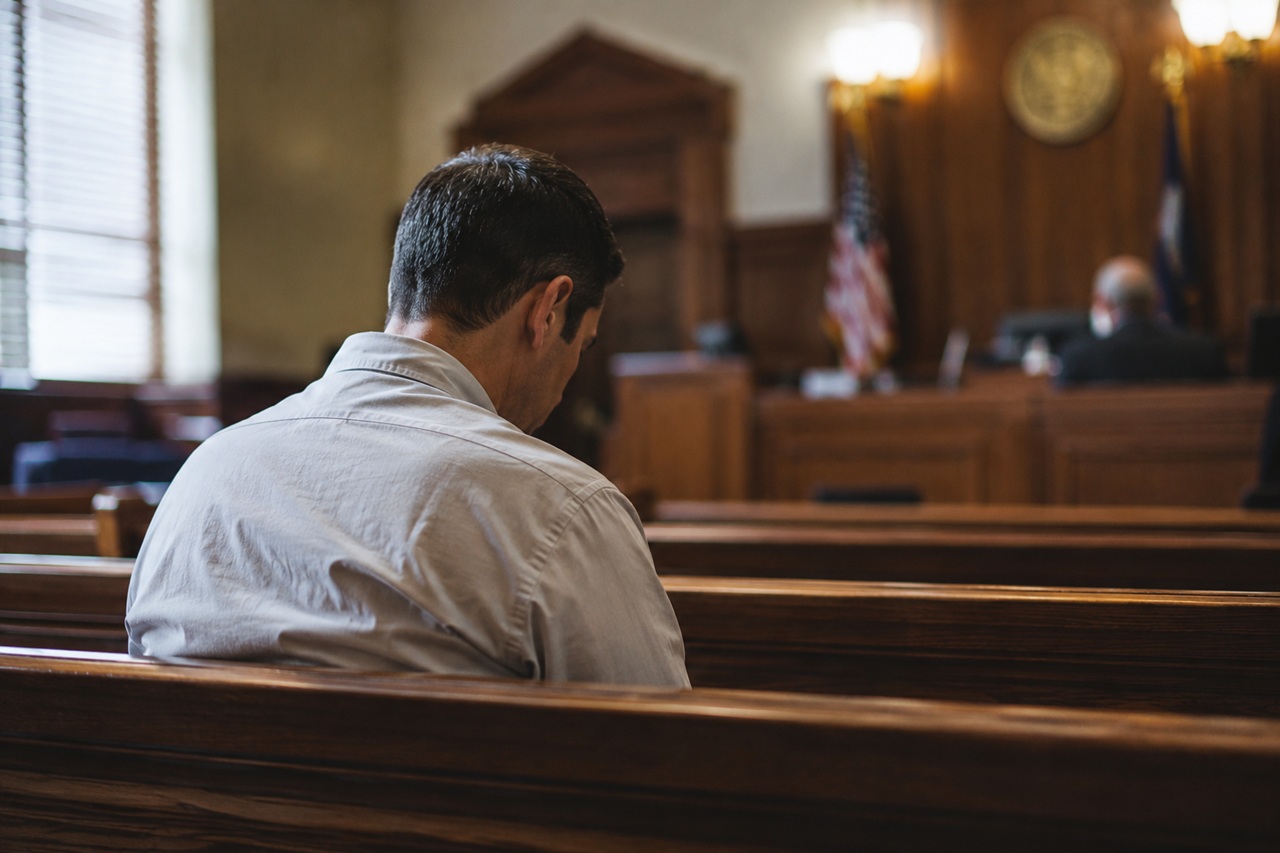 Texas courtroom setting for a DWI arraignment process, showing a judge presiding at a wooden bench with an empty defense table and gavel and a man sitting in the foreground.