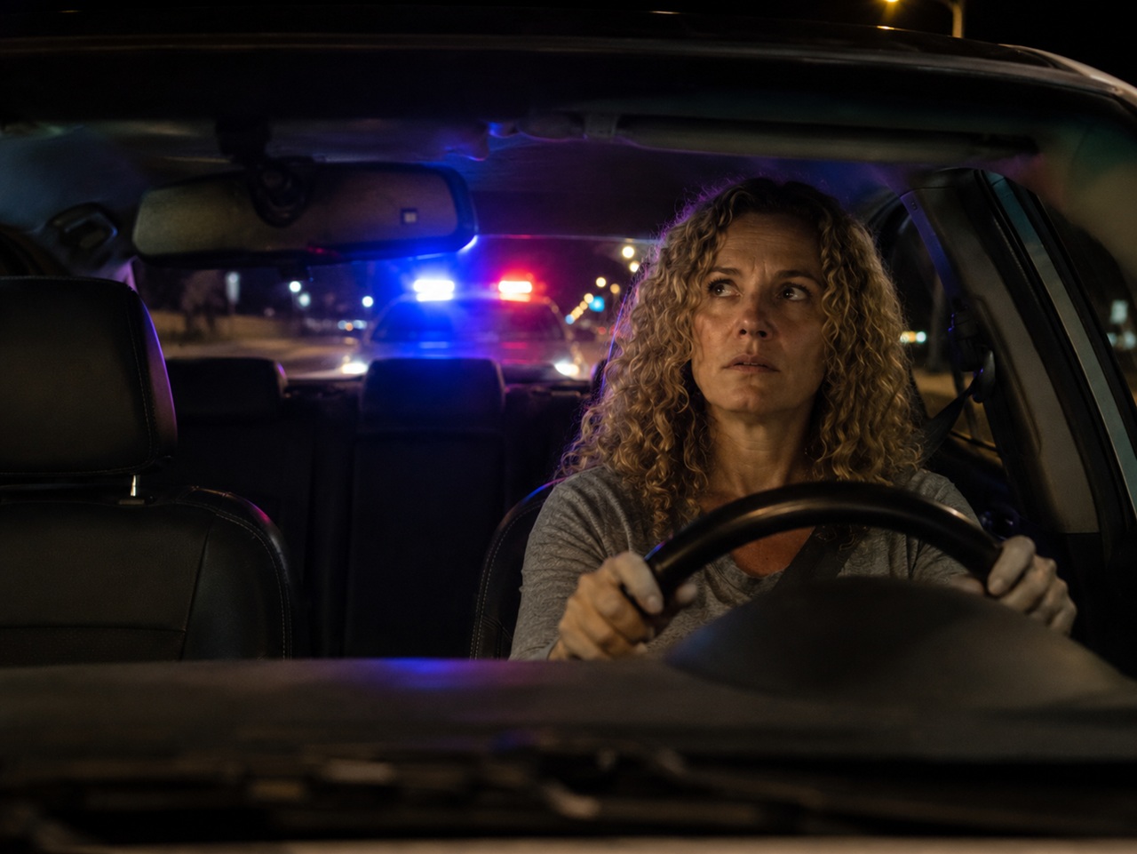 A woman grips the steering wheel of her car at night with police emergency lights visible through the rear window, depicting a Texas driver pulled over during a DWI stop where a medical condition may be mimicking signs of intoxication.
