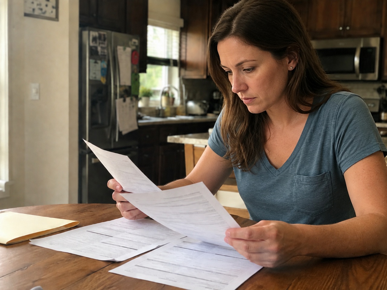A woman sits at her kitchen table with a serious expression, carefully reviewing multiple pages of legal documents from a manila envelope, depicting a Texas DWI defendant navigating the paperwork and tight 15-day deadline required to request an Administrative License Revocation hearing after a DWI arrest in order to contest the automatic suspension of her driver's license.