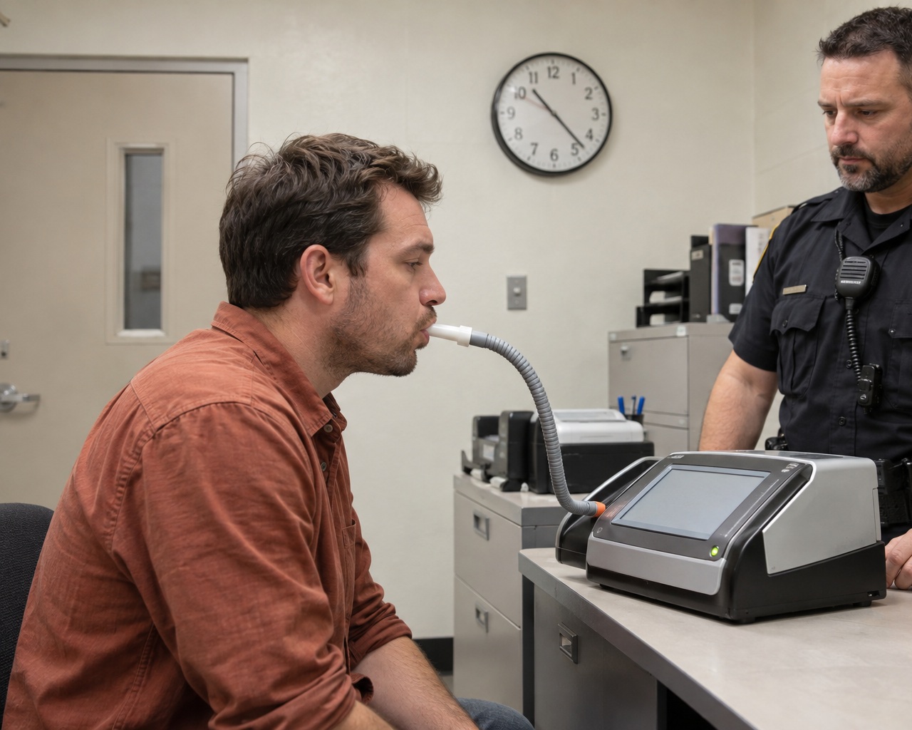 Man taking a breath alcohol test under an officer’s supervision at a police station, with a clock on the wall.