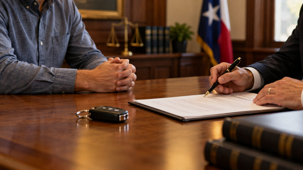 Attorney reviewing legal documents with a client during a consultation about a Texas DWI case, with car keys on the desk and a Texas flag in the background.
